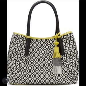 Vince Camuto Harlo Geometric Woven Tote, black, white and lime green